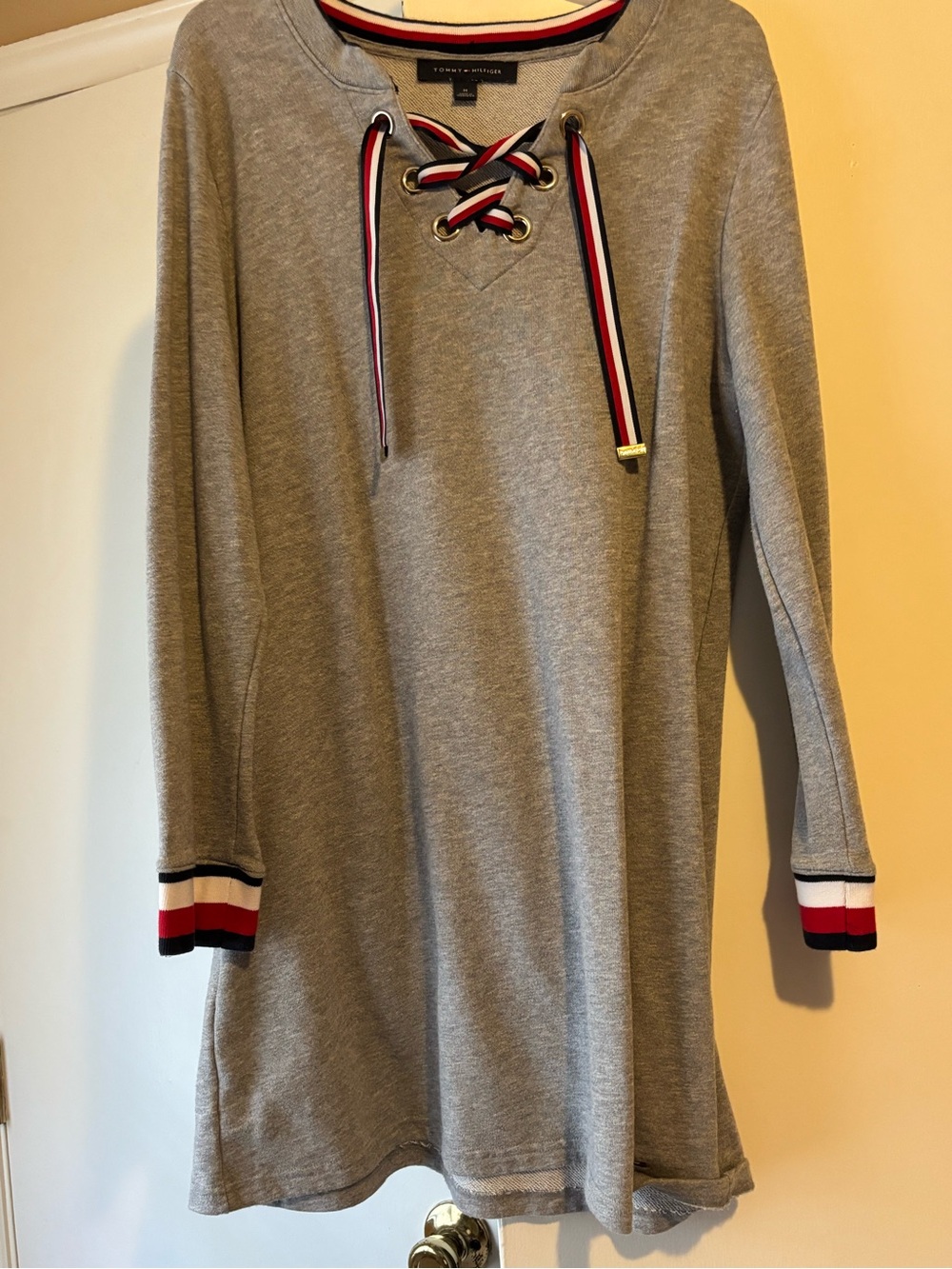 Tommy Hilfiger Grey Knit Lace-Up Sweat Dress with Signature Stripe Detail